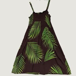 Hula Bay Womens Brown Green Palm Leaf Smocked Sun Dress Size M-9 Tropical Summer